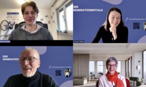 Das Foto zeigt links oben Bastian von der Grünen Jugend Freiburg. Rechts daneben Yvonne vom Generationen-Talk. Links unten Hans vom Generationen-Talk und rechts unten Ria vom Bundesverband GRÜNE Alte.
